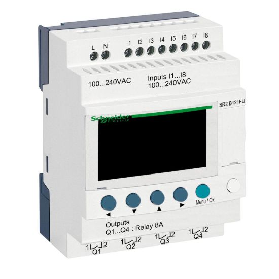 Picture of compact smart relay, Zelio Logic SR2 SR3, 12 IO, 100 to 240V AC, clock, display