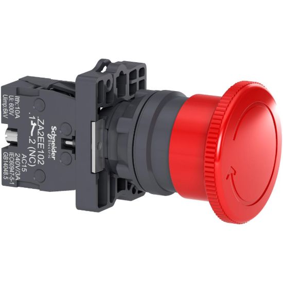 Picture of Complete emergency switching off push button, Easy Harmony XA2, plastic, red mushroom 40mm, 22mm, turn to release, 1NC